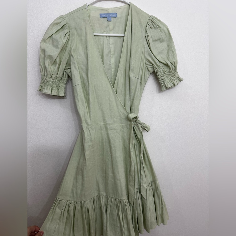 ANTONIO MELANI Green Wrap Midi Dress with Puff Sleeves